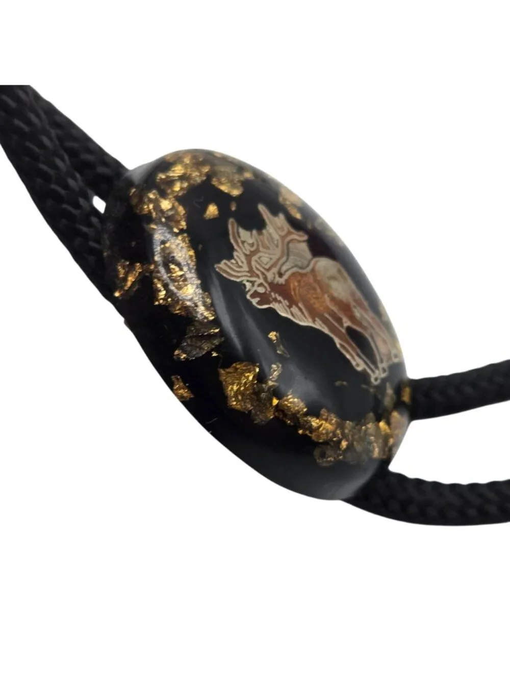 Vintage Elk Bolo Tie Cowboy Western Wear Black Gold Flakes Necktie Necklace